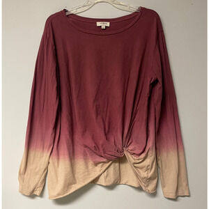 Umgee Womens Size L 100% Cotton Long Sleeve Top Ombre Burgundy Twist Knot Hem